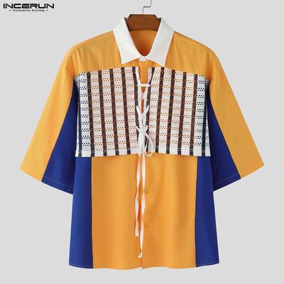 Men Lapel Neck Short Sleeve Stitching Lace Splicing Casual Oversized Shirts