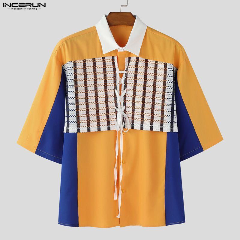 INCERUN Men Lapel Neck Short Sleeve Stitching Lace Splicing Casual Oversized Shirts