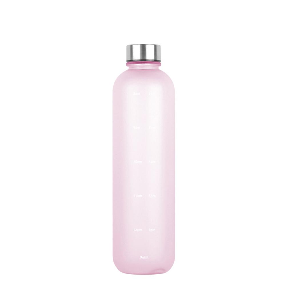 1000ML Space  Cup Time Marker Portable Outdoor Sports Bottle Frosted Gradient Color Cup Pink #1