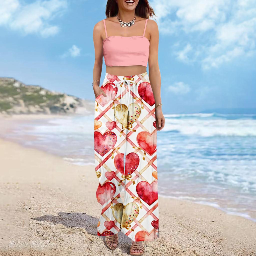 Pantaloni largi cu talie înaltă pentru femei, stil boho de vară, stil palazzo, cu imprimeu, casual, cu buzunare