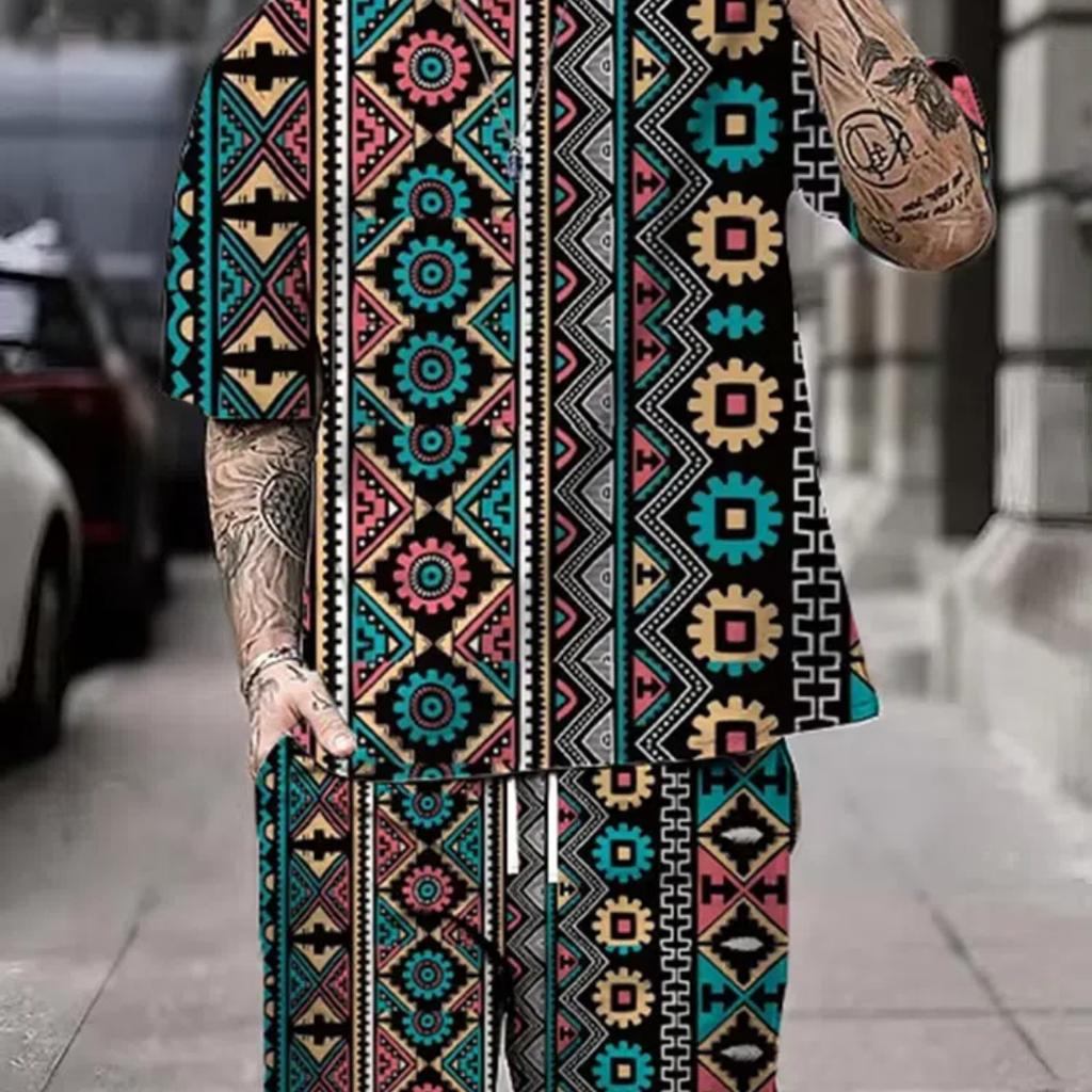 Summer Men's Short Sleeve Shorts Set Street Everyday Casual Men's T-Shirt Outdoor Fashion Loose Shorts Bohemian Print