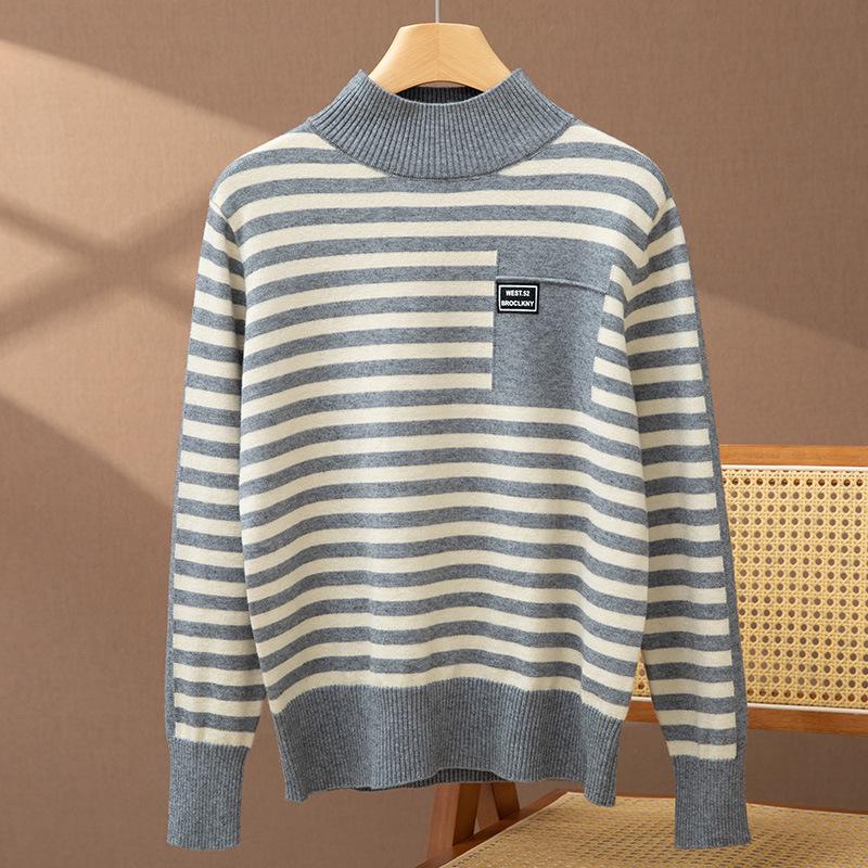 2025 Women’s Korean Style Striped Half High Neck Knitted Pullover Sweater
