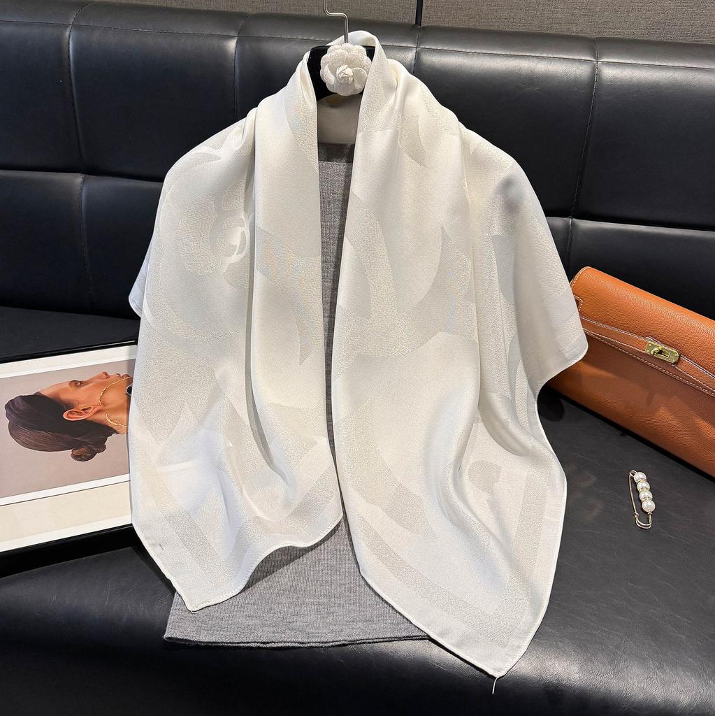 Spring 90Cm Classic Fashion Versatile Shawl Women'S Shade Dust-Proof Camellia Tencel Cotton Silk Scarf