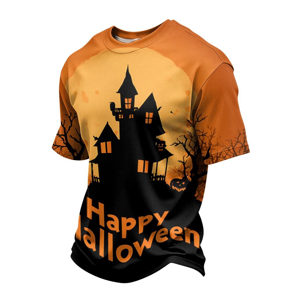 Men's Casual Short Sleeve T-Shirt Lightweight Breathable Fabric Crew Neck Halloween Pumpkin Print Comfortable Fit