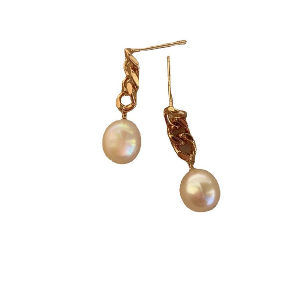 Design Inspiration Natural Strong Light Freshwater Baroque Pearl Earrings, Silver Needle Plated 14K Gold Chain Stud Earrings Women