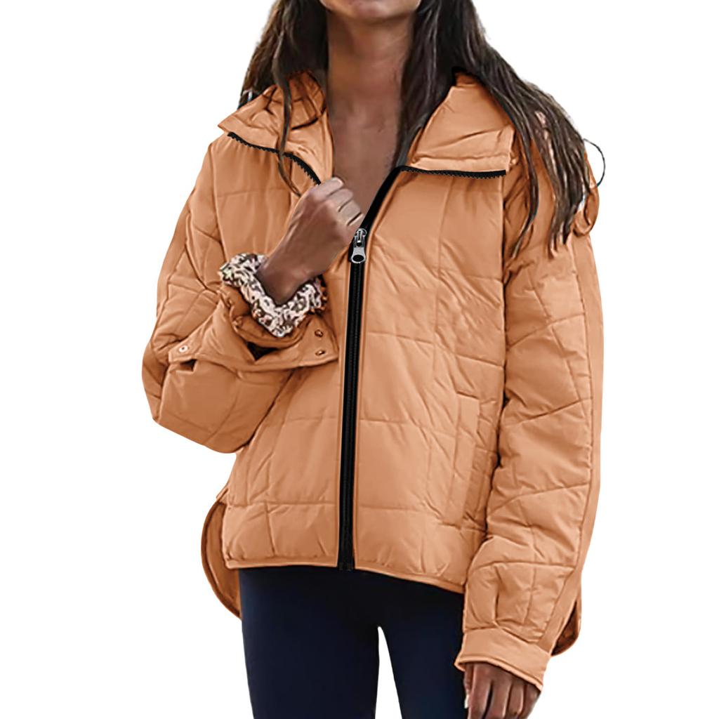 Women's Hooded Puffer Jacket Loose Fit Cotton Padding Solid Color Zip Up Long Sleeve Casual Commuter Outerwear For Fall Winter Daily Outfits