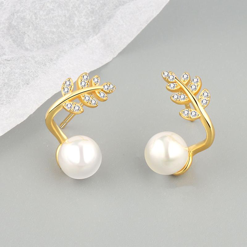 ANENJERY Paved Zircon Leaf Pearl Earrings For Women Creative Modified Earlobe Accessories