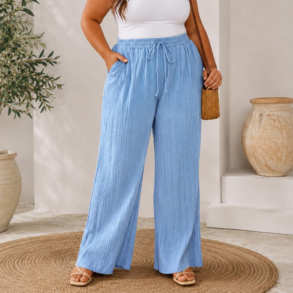 High Waist Loose Fit Wide Leg Pants for Women Drawstring Waistband Relaxed Style Lightweight Fabric Casual Trousers with Pockets