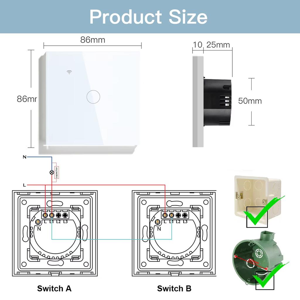 BSEED Interruptores Touch Wifi 1/2/3 Teclas Com Capacitor 2 Vias Para Escadas Corredores Lâmpadas Controle App Tuya Smart Life Alexa Pacote com 2