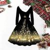 Women Christmas Tree Print Midi Dress, Long Sleeve V‑Neck Furry Trim A‑Line Party Dress, Christmas Limited Edition