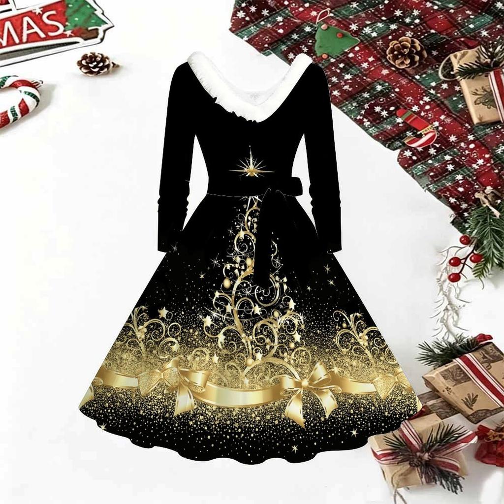 Women Christmas Tree Print Midi Dress, Long Sleeve V‑Neck Furry Trim A‑Line Party Dress, Christmas Limited Edition