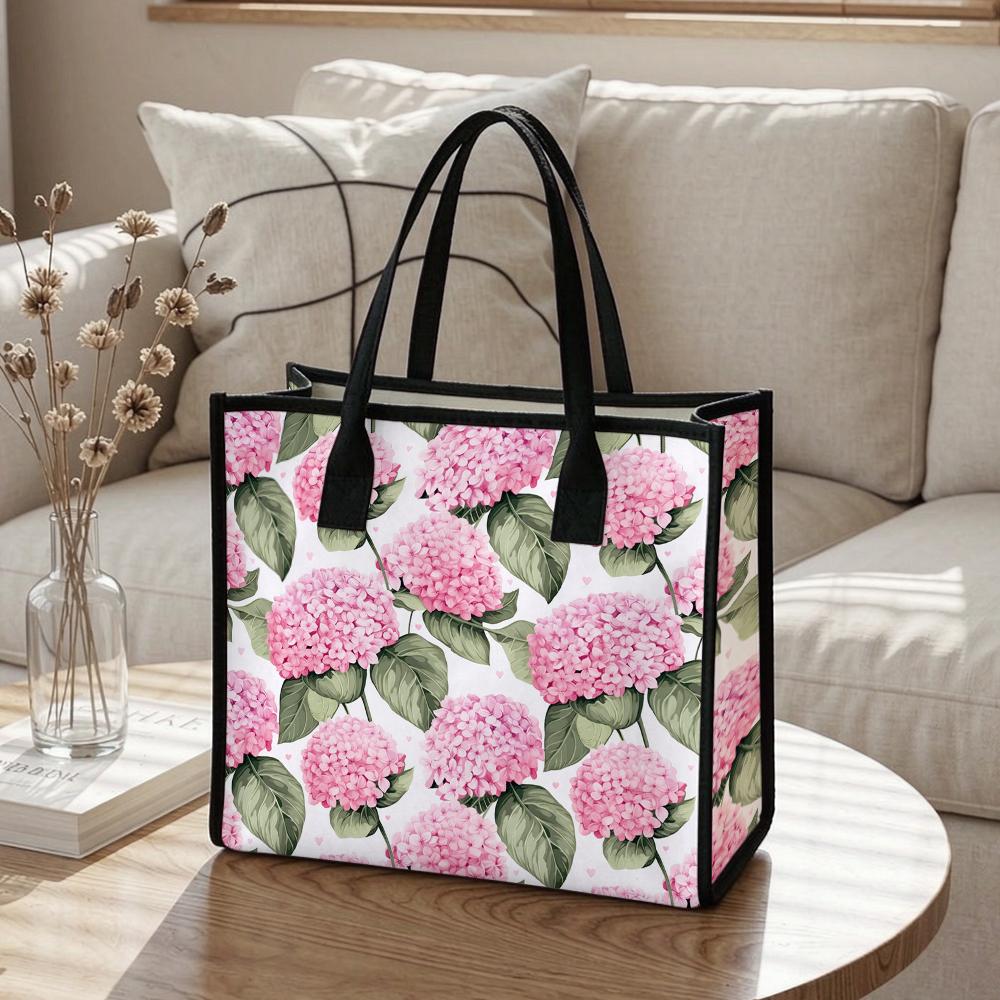 Pink Hydrangea Floral Canvas Tote Bag Casual Daily Shoulder Handbag for Women Shopping Outing