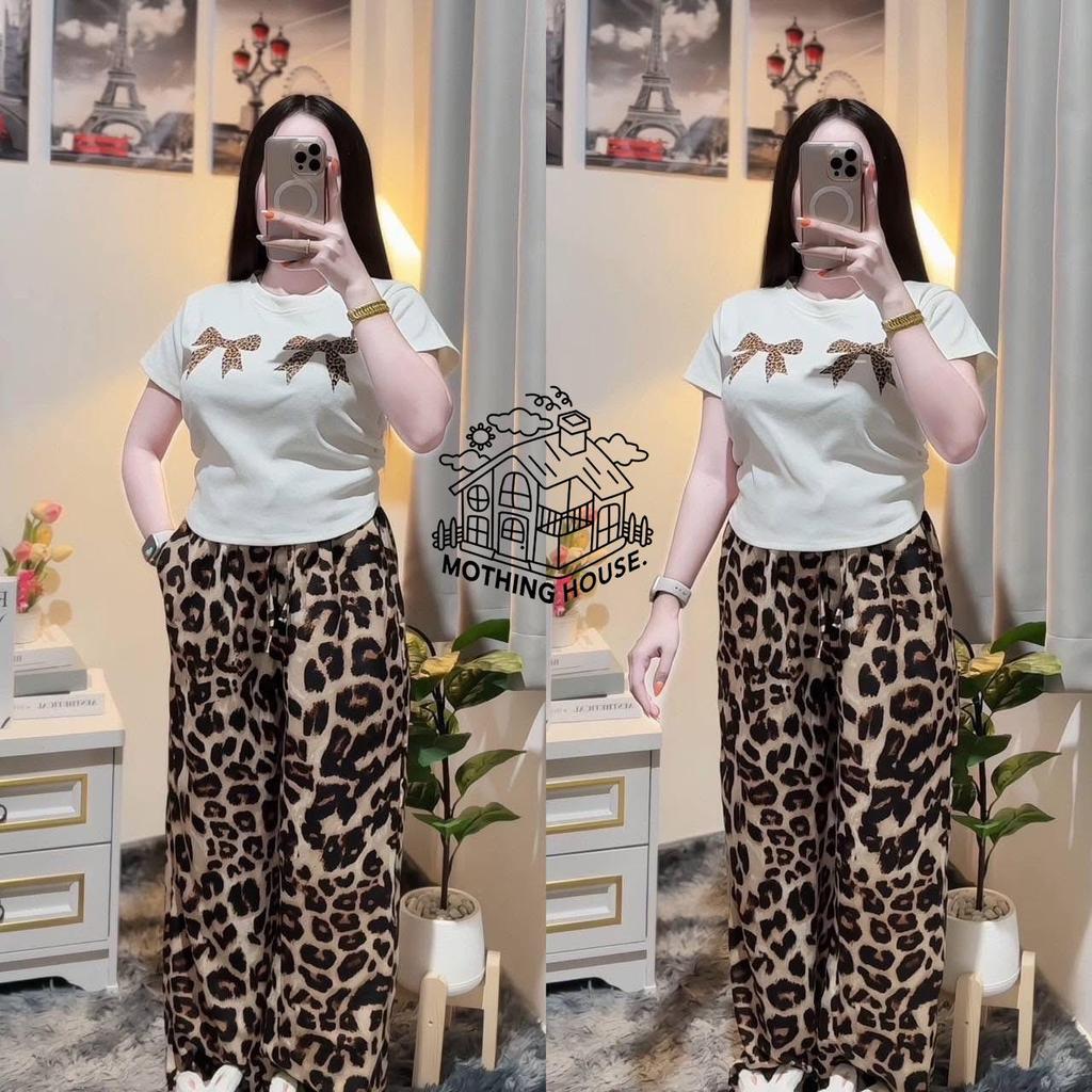 Southeast Asian Women's Summer Leopard Print T-shirt & Wide-Leg Pants Two-Piece Set