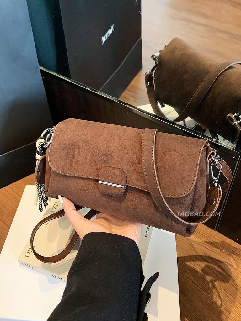 Retro Suede Small Bag for Women New Commute Versatile Crossbody Bags Single Shoulder Underarm Pouch Square Handbags with Pendant