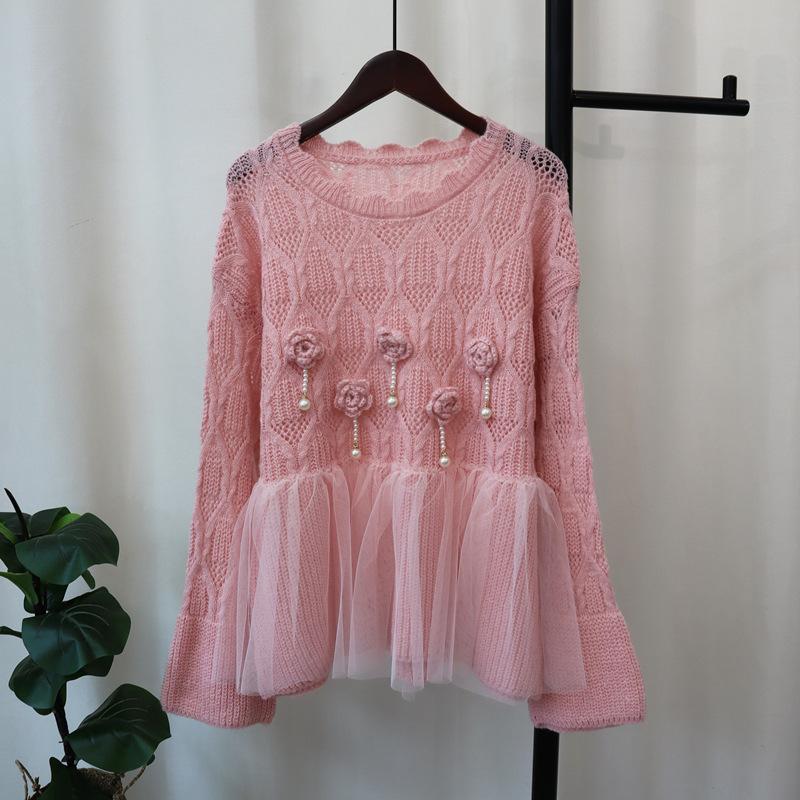 Splicing mesh three-dimensional flower knitted sweater top autumn and winter new design sweet sweater pullover woman