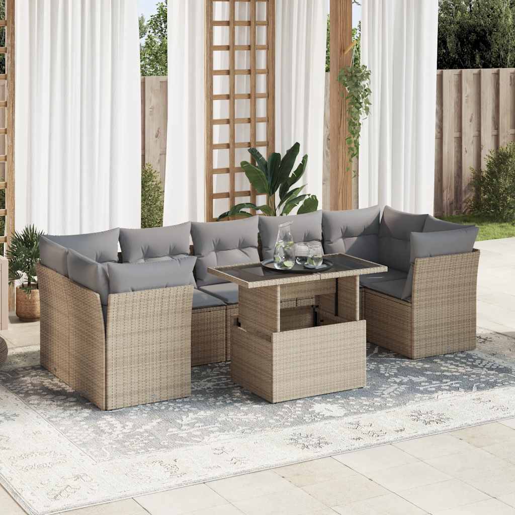 Vidaxl 8-Cz. Garden Furniture Set With Cushions, Beige, Poly Rattan