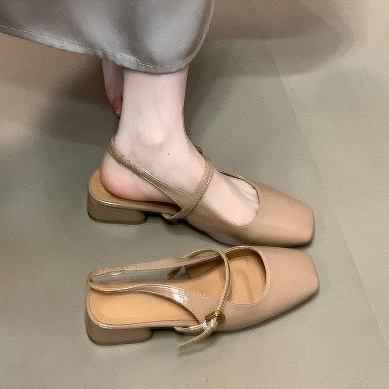 2025 summer new square head thick heel bag head sandals women's rear strap summer low heel commuter sandals