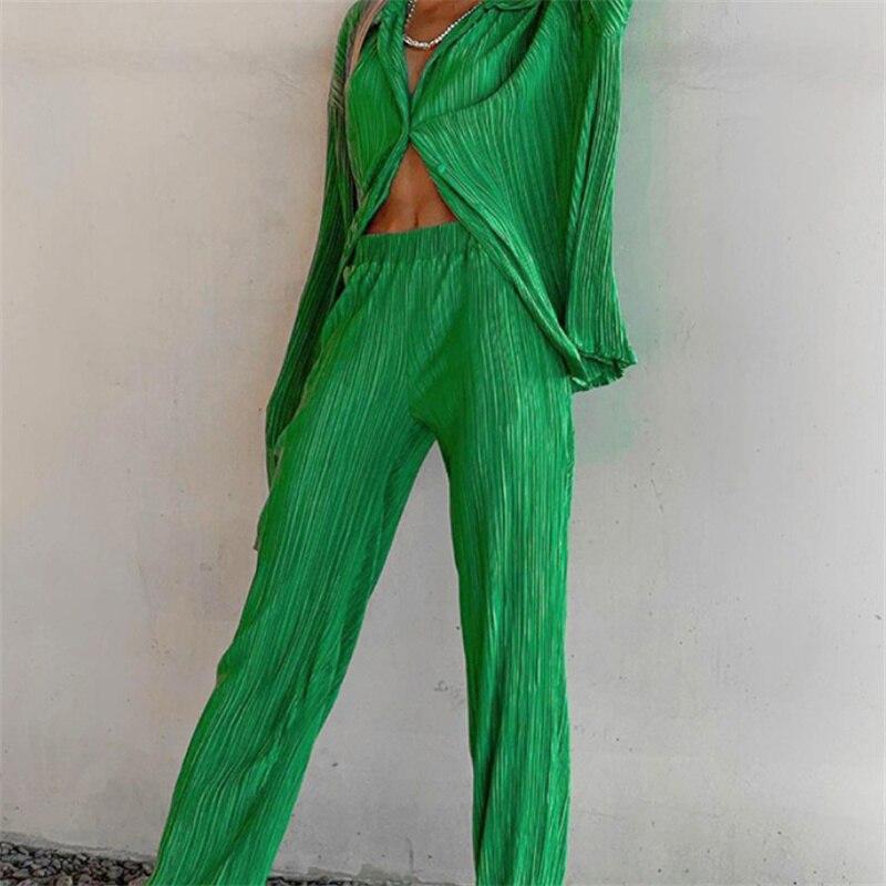 Casual High Wasit Pleated Pants Set Women Autumn Long Sleeve Blouses Matching Wide Trousers Suit Green Pleated 2 Piece Pant Sets