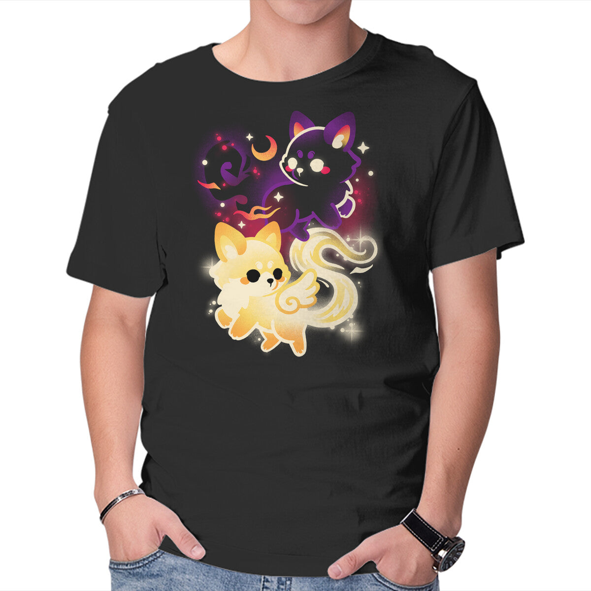 Unisex Crew Neck T-Shirt Night And Day Foxes Graphic Short Sleeve Casual Tee XL