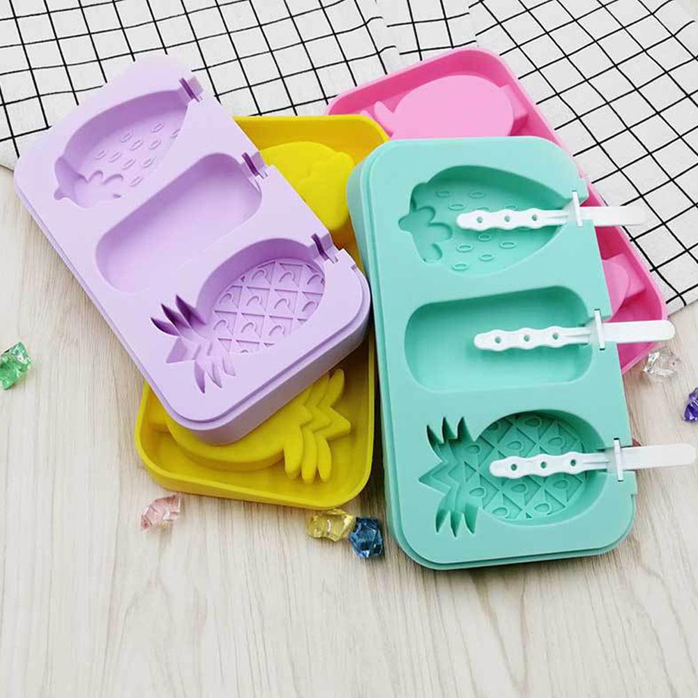 3 Cavities Silicone Ice Cream Mold Reusable Ice Cubes Tray Popsicle Mold with Stick