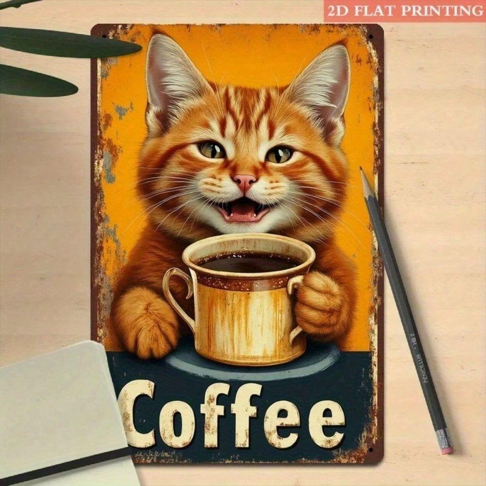 Metal Wall Art Cat with Coffee for Living Room