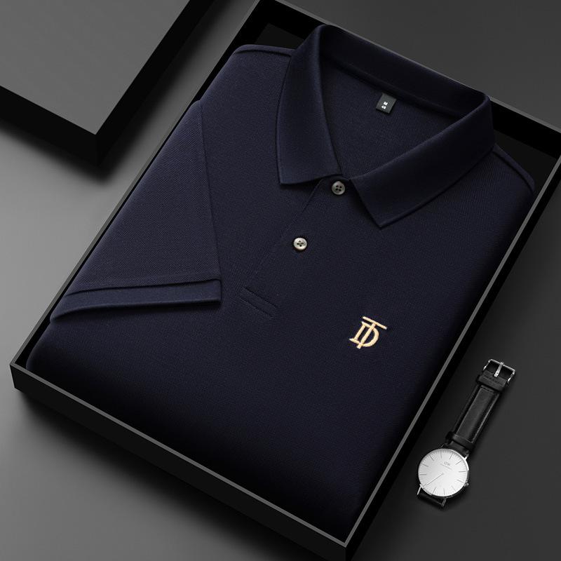

Мужская футболка-поло из тенселя высокого класса, легкая деловая с лацканами, с короткими рукавами, повседневная футболка-поло с короткими рукавами 2XL темно-синий