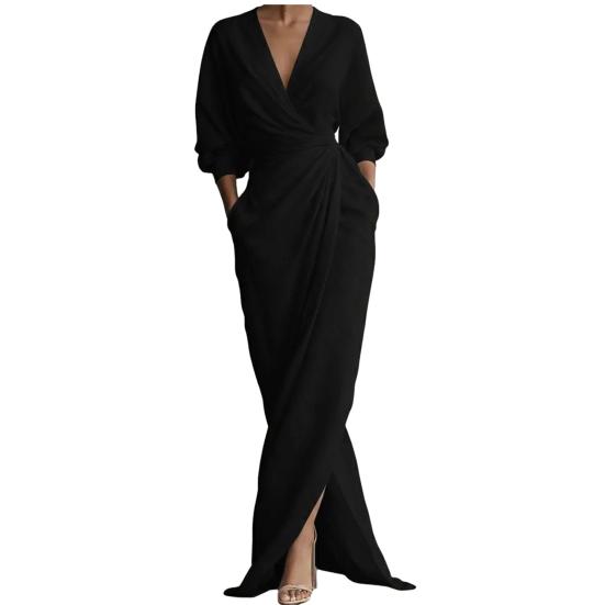 Women's Split Wrap Maxi Dress 3/4 Sleeve V Neck Ruched Bodycon Long Dress Cocktail Party Wedding Guest Dress with Pockets