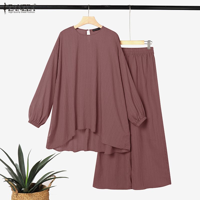 ZANZEA Completo da Donna Casual a Due Pezzi con Blusa a Manica Lunga Irregolare e Pantaloni Lunghi