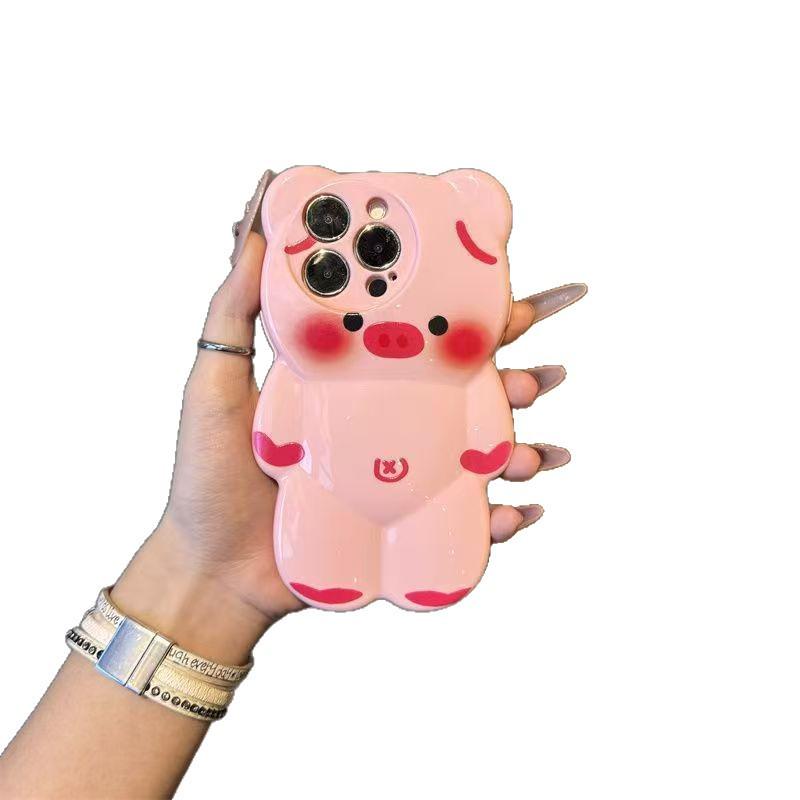 3D Little Bear & Pink Pig iPhone Case for 16, 15 Pro Max, 14/13 Models - Protective Cover