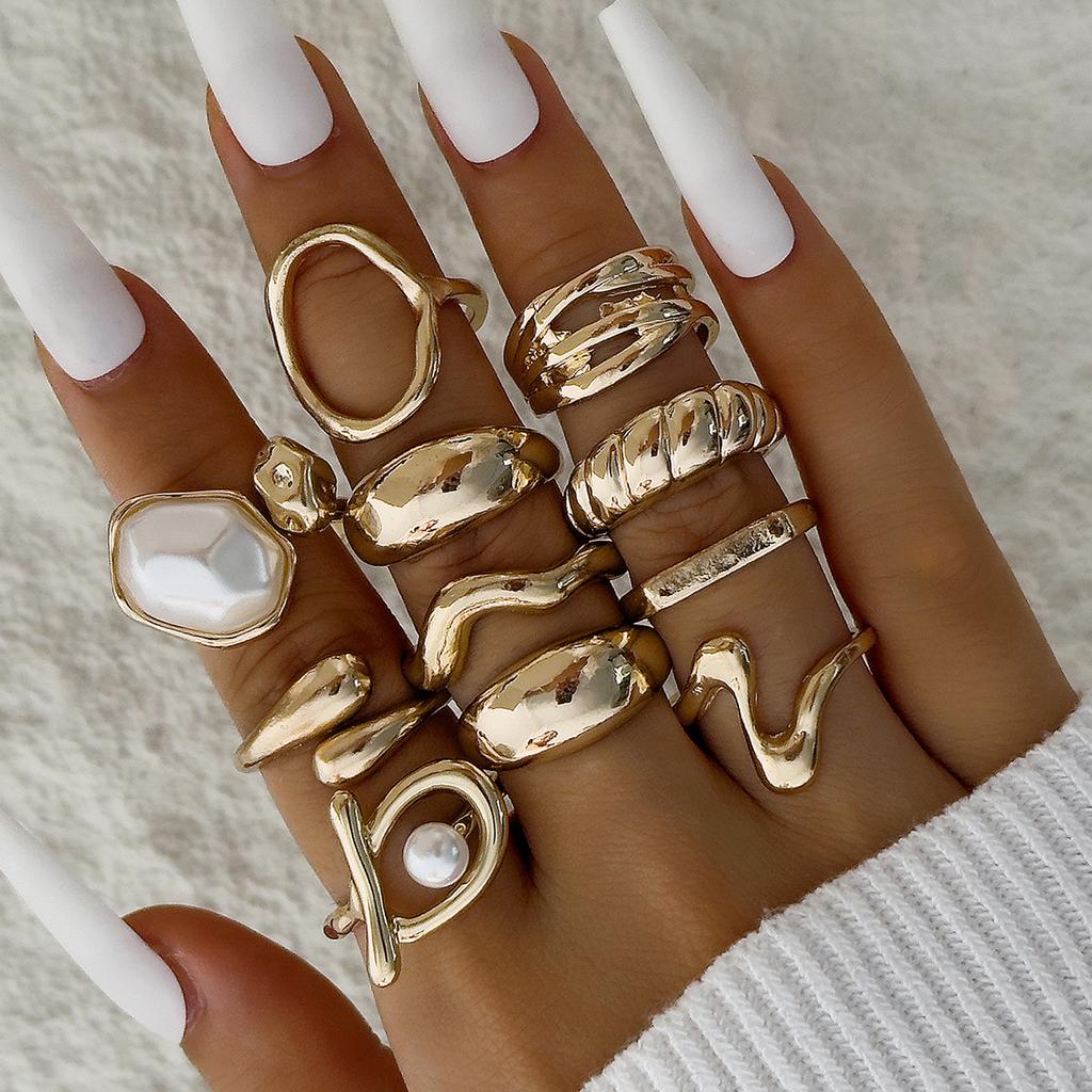 European and American Ethnic Style Carved Feather turquoise Ring Retro Personality Ring Set Combination Ring Set