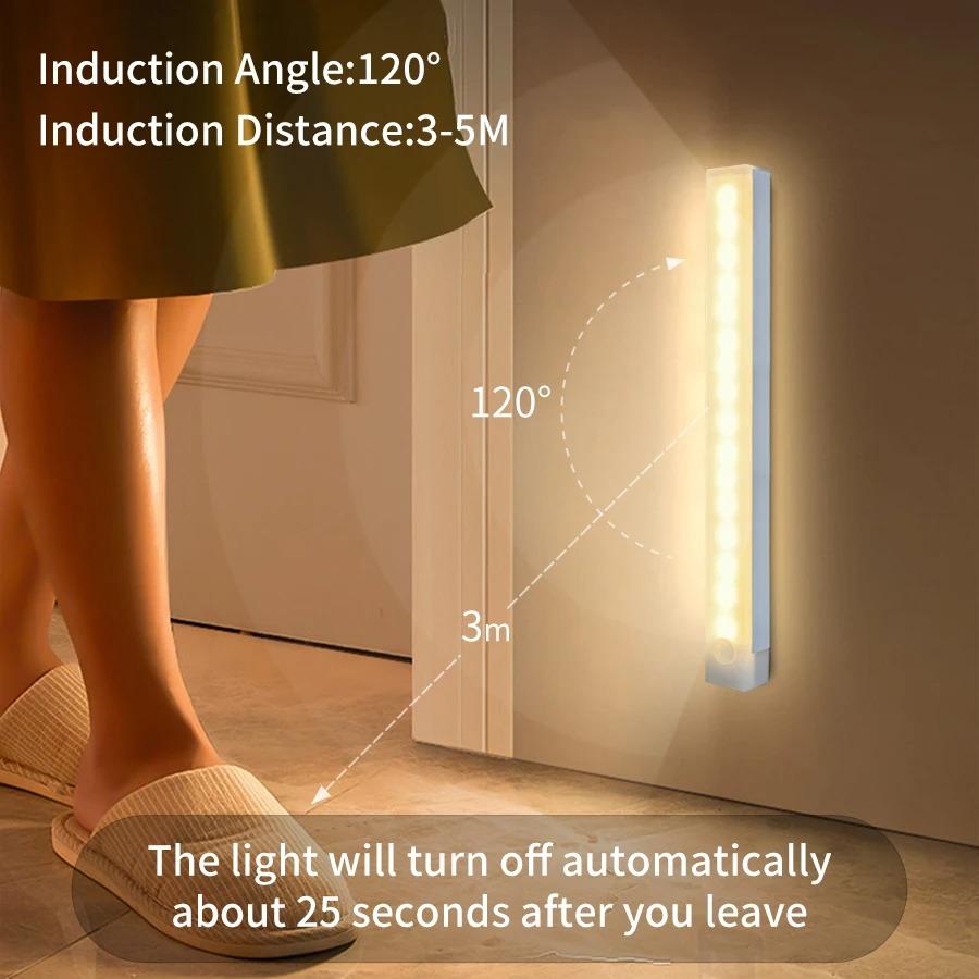 Luce LED per armadietto con sensore di movimento ricaricabile tramite USB per corridoio, scale, guardaroba, cucina, camera da letto, lampada notturna senza fili a induzione