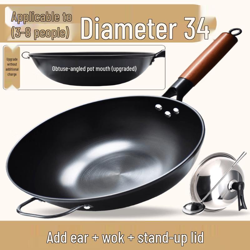 LIEI 34CM Pre-Seasoned Flat-Bottom Iron Wok