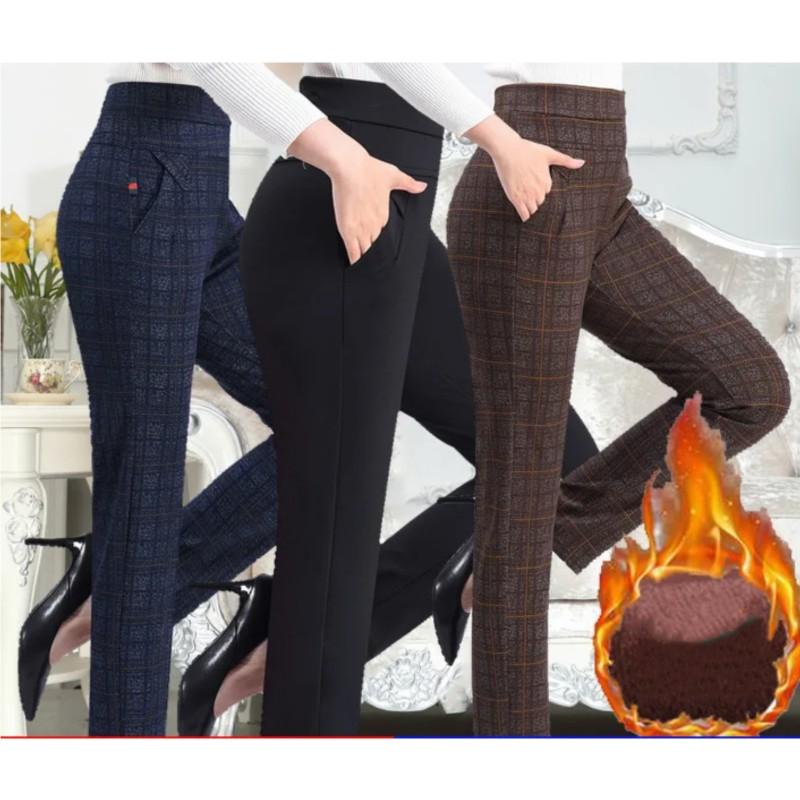 Women Autumn Winter Fleece Thick Middle-Aged Elderly Ladies Casual Trousers Mother High Waist Straight Pants Female