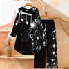 Music Note Print Two Piece Outfit Women Long Sleeve Irregular Hem Tunic Top Wide Leg Pants Casual Matching Set
