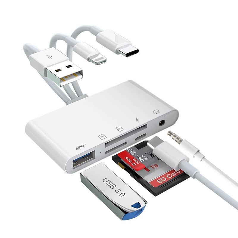 Universal 3-Wire 5-Port Card Reader for Phones & Computers, 9-in-1 TF/SD Camera OTG Adapter with Charging.