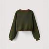 Women's Dark Green Knit Cardigan with Fox Embroidery and Puff Sleeves