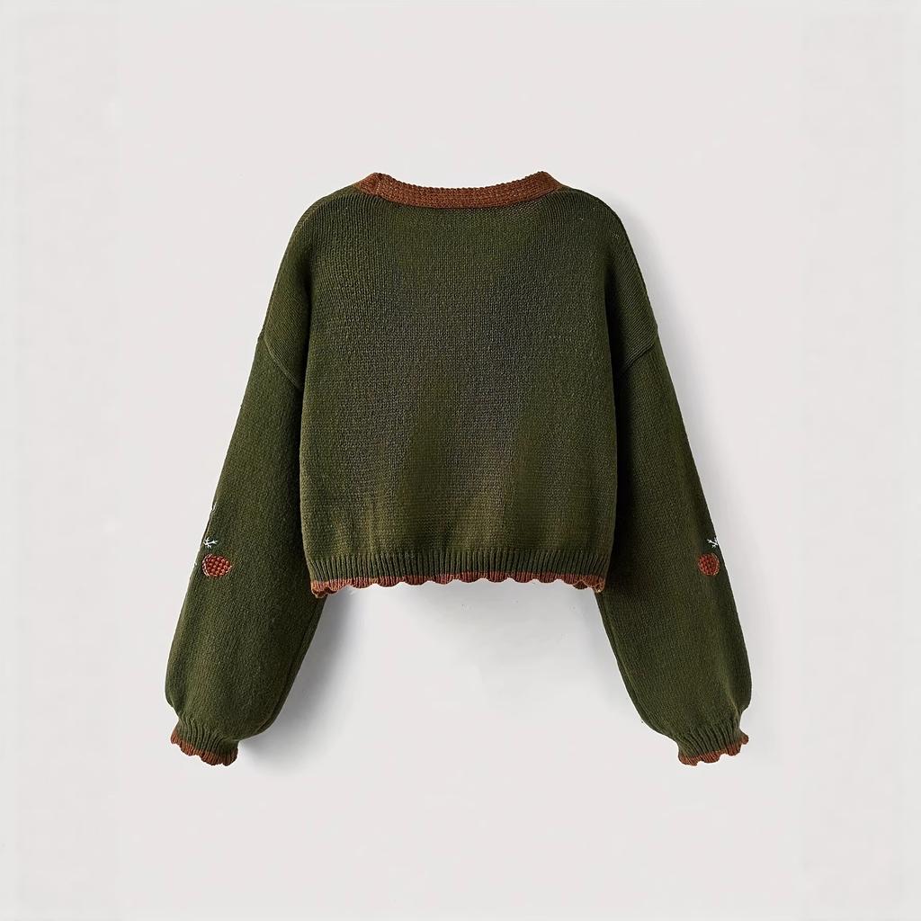 Women's Dark Green Knit Cardigan with Fox Embroidery and Puff Sleeves