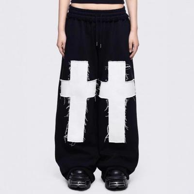 Street Hip Hop Cross Letter Embroidered Sweatpants Loose Wide Leg Pants Men Women