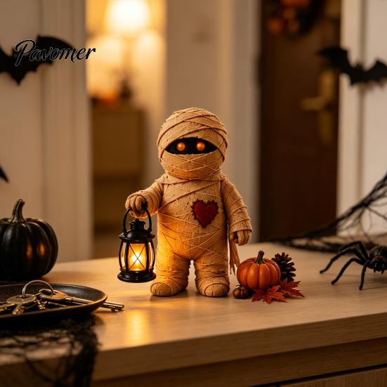 Atmospheric Window Displays Wooden Halloween Figurine with Lantern, Pumpkin Scarecrow Skeleton Mummy Ghost Witch Seasonal Tabletop Accessories Statue,
