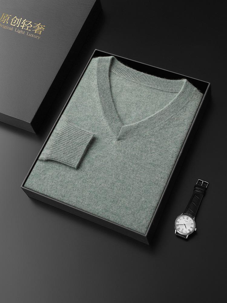 Men's V-Neck Cashmere Sweater, Plus Size, Long Sleeve, Solid Color, Wool Knit, 2023 Autumn/Winter Collection.