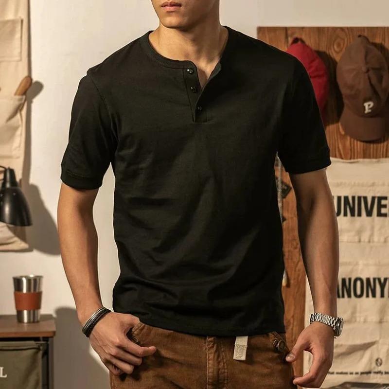 Men's Dark Gray Henley Neck Short Sleeve T-Shirt Slim Fit Casual Comfortable Top