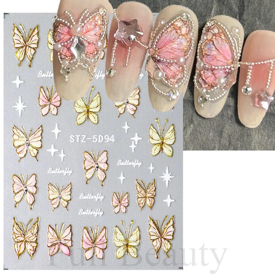Nail Art Stickers Ins Embossed 5D Three-dimensional Rose Butterfly Ice Transparent Butterfly Adhesive Nail Stickers