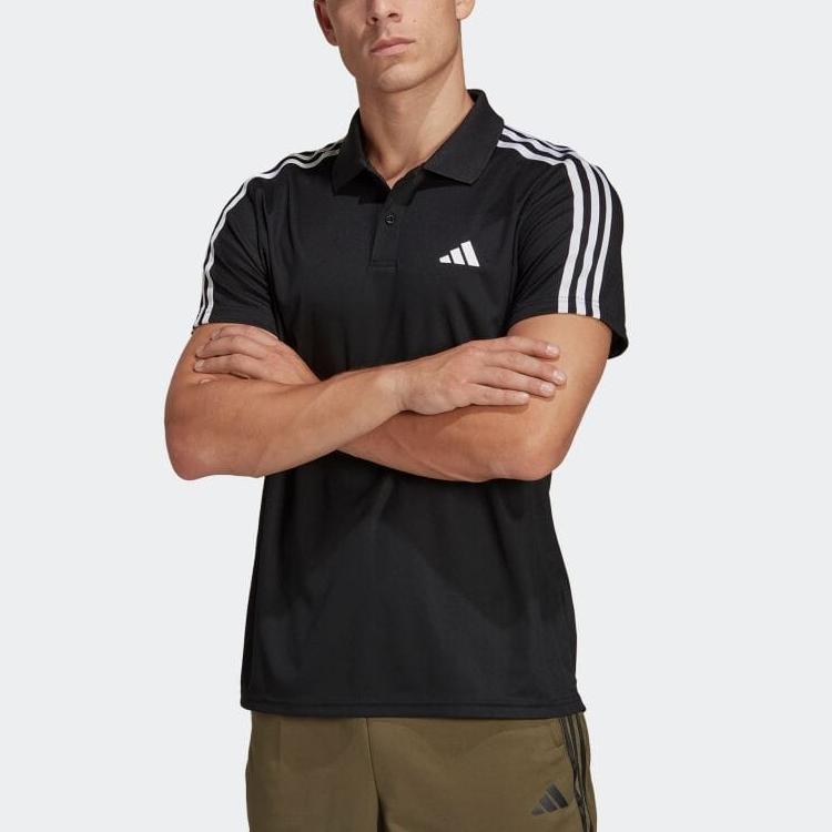 Adidas Logo-Print Drei-Streifen Kurzarm-Poloshirt Herren Tops Schwarz IB8107