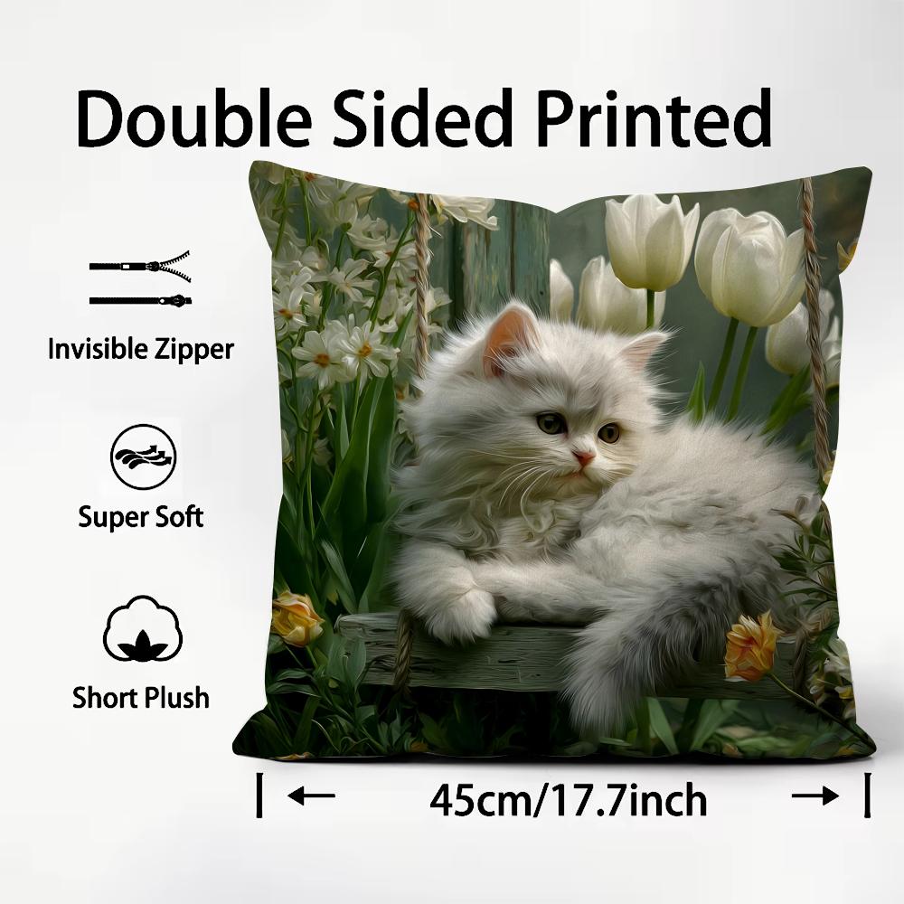 Cat And Flower Fashion Cushion Cover Plush Fabric Soft DoubleSided Printed Sofa Warm Winter Home Child Gift Pillow Case