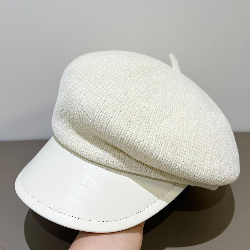 Snowy Neil Beanie Newsboy Hat Women'S Korean-Style Vintage Retro Multi-Purpose Leather Hat Brim