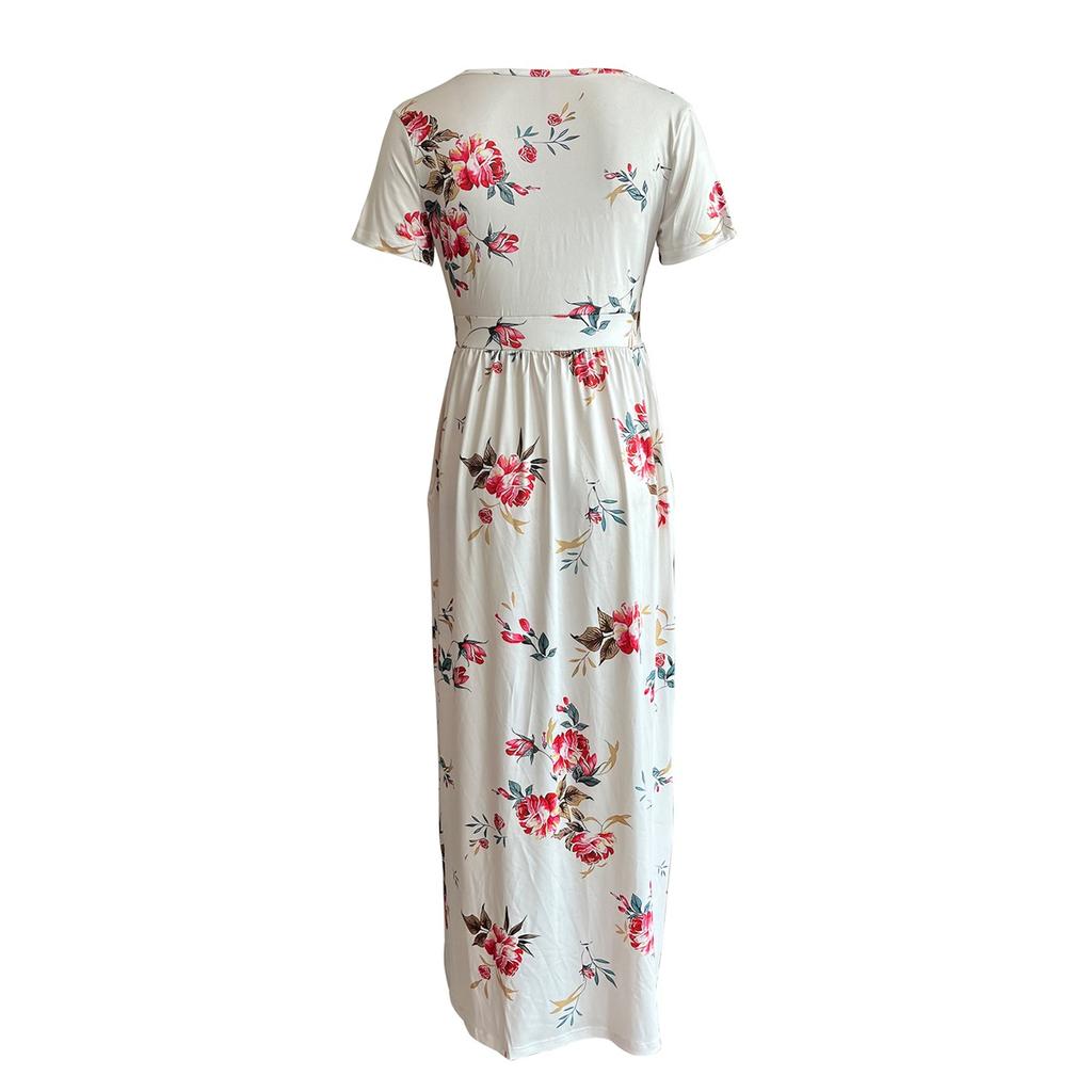 Women's Short-sleeved V-neck Wrap Belt Pocket Printed Elegant Long Dress