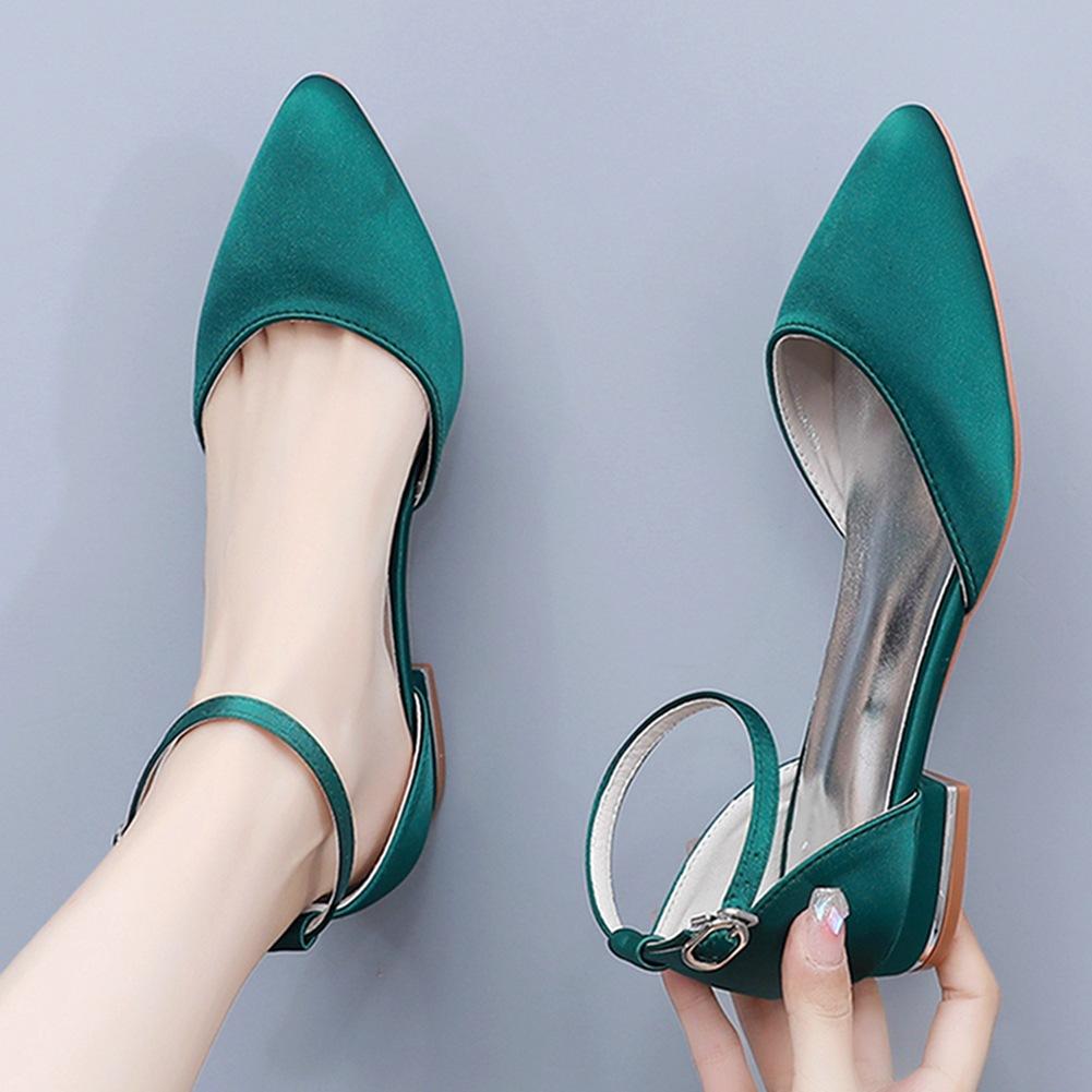 2 Cm Flat Heel Casual Pointed Toe Hollow Sandals Low Heel Light Mouth White Satin One-button Buckle Bride Wedding Shoes for Women