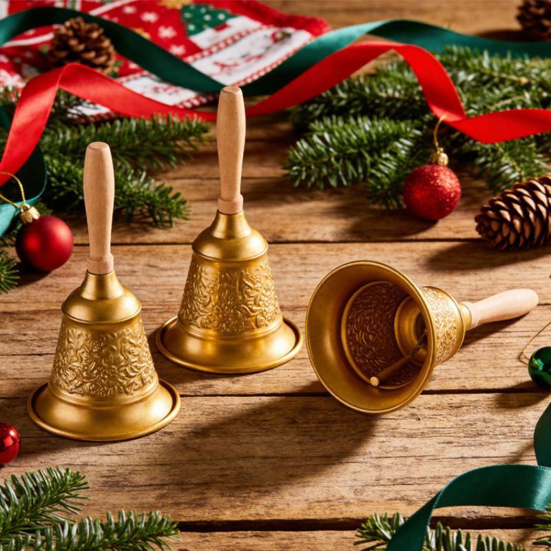 Christmas Iron Hand Bell Red Gold Embossed Pattern Wooden Handle for Holiday Gift Giving Restaurant Call Bell