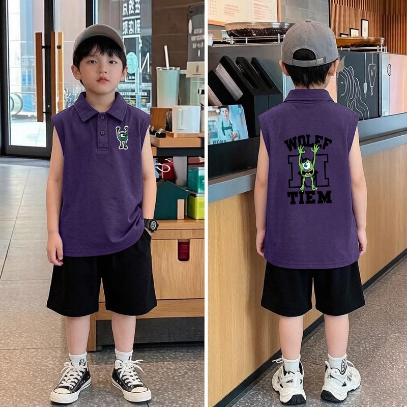 Korean Boys' Cool Cotton Polo Vest Set - Summer Casual Lapel Sleeveless Tee