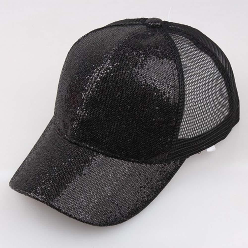 Women Girl Ponytail Baseball Cap Sequins Shiny Messy Bun Snapback Hat Sun Caps